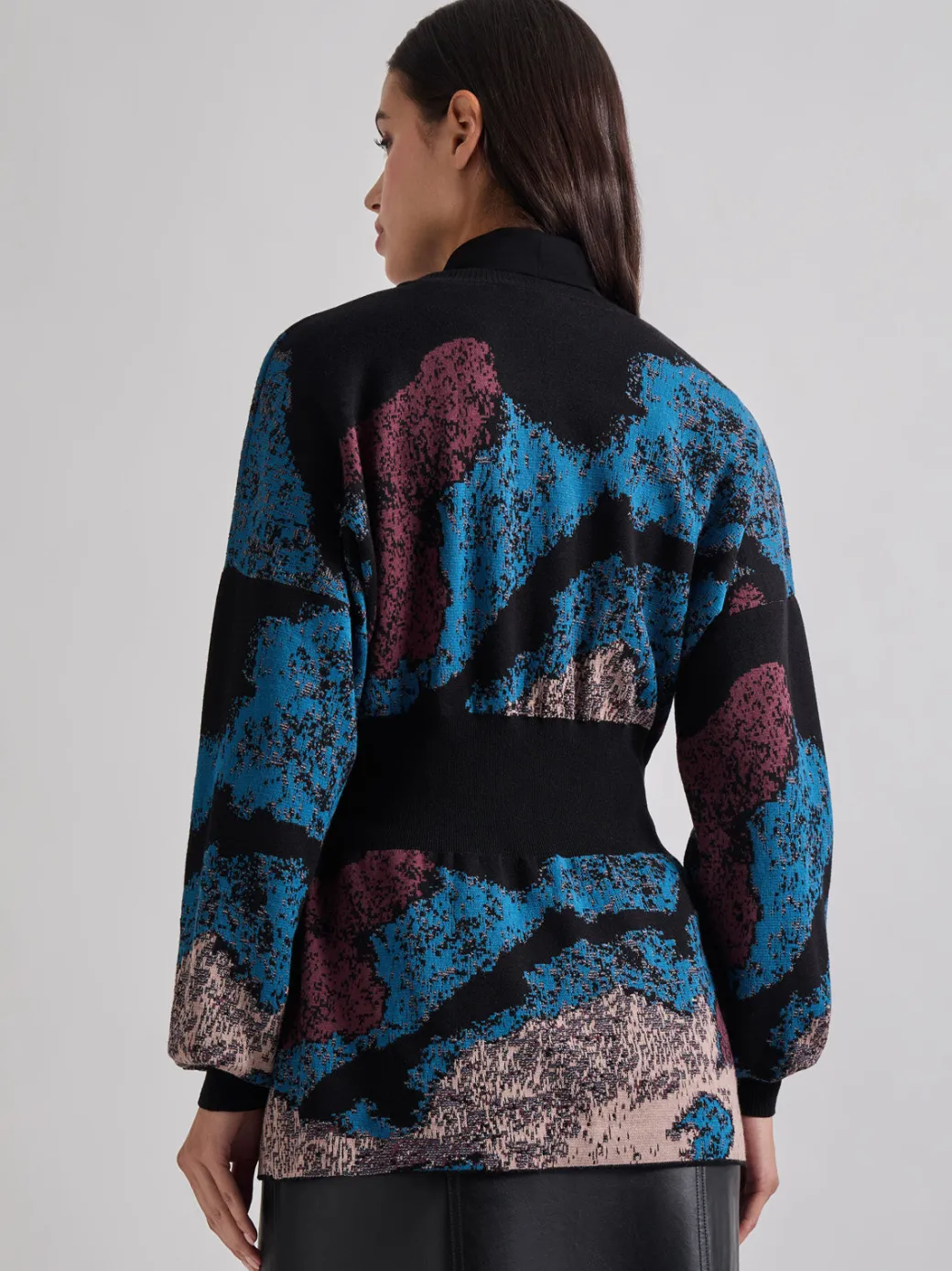 Relaxed Fit Abstract Inset Waist Jacquard Knit Cardigan|Misook Online