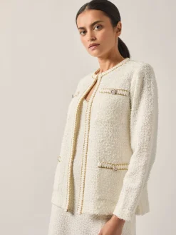 Relaxed Fit Boucle Lurex Crochet Trim Knit Jacket|Misook Sale