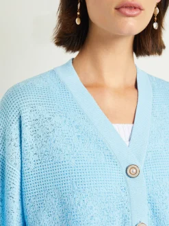 Relaxed Fit Button Front Jacket - Balloon Sleeve Soft Burnout Knit|Misook Discount