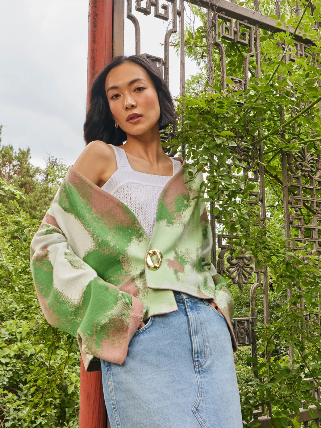 Removable Pin Crossover Jacket - Bell Sleeve Recycled Jacquard Knit|Misook Outlet