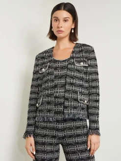 Rhinestone Accent Fringe Tweed Knit Jacket|Misook Discount