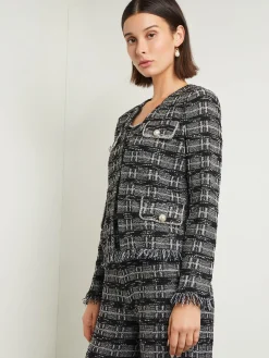 Rhinestone Accent Fringe Tweed Knit Jacket|Misook Discount