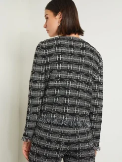 Rhinestone Accent Fringe Tweed Knit Jacket|Misook Discount