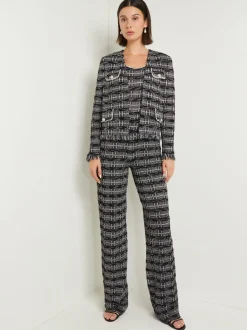 Rhinestone Accent Fringe Tweed Knit Jacket|Misook Discount