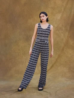 Rhinestone Accent Tweed Knit Jumpsuit|Misook Clearance