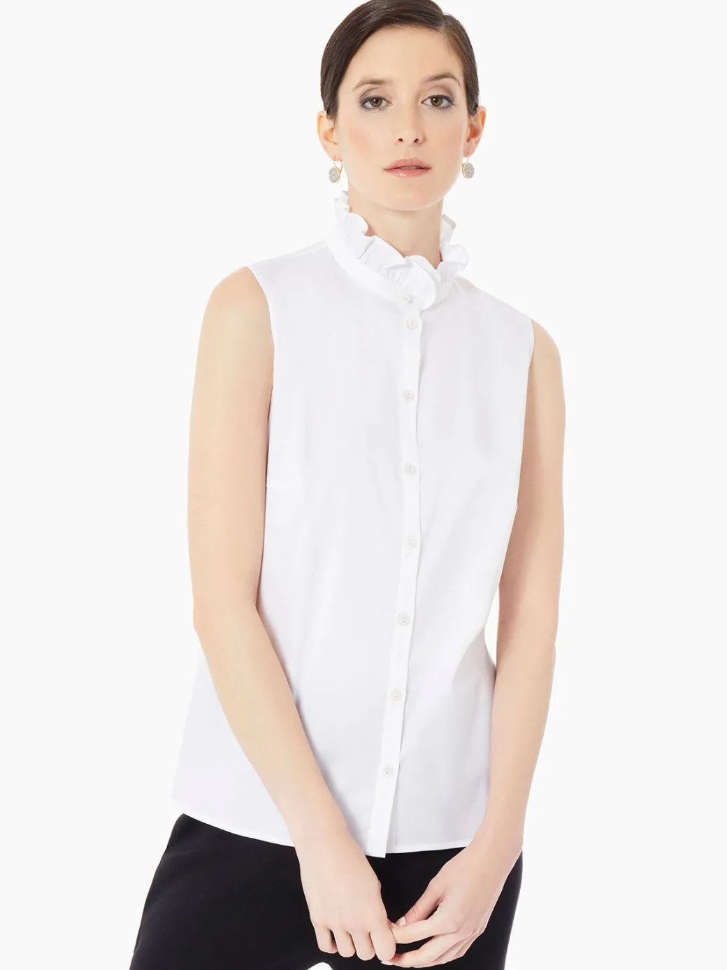Ruffle Neck Stretch Cotton Blouse|Misook Clearance