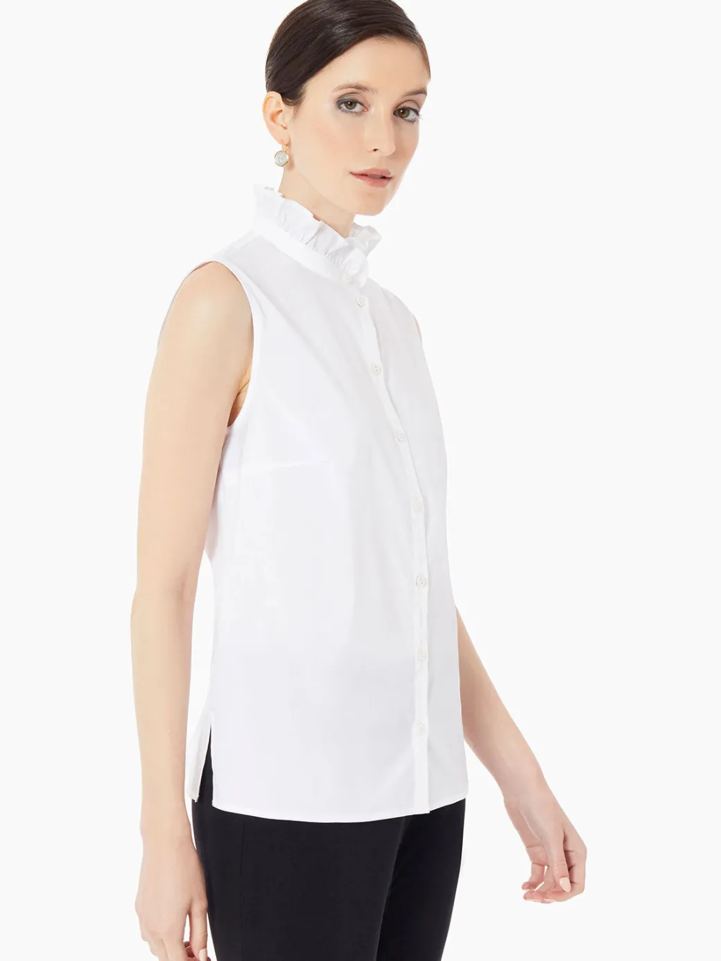 Ruffle Neck Stretch Cotton Blouse|Misook Clearance