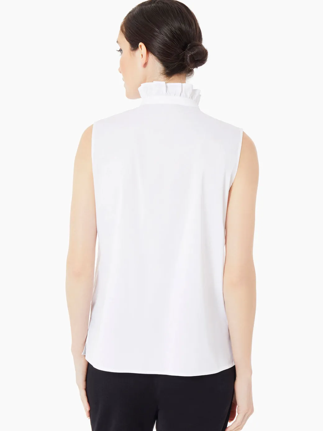 Ruffle Neck Stretch Cotton Blouse|Misook Clearance