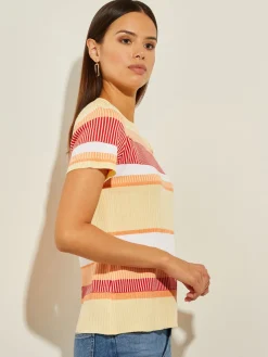 Short Sleeve Intarsia Striped Soft Knit Top|Misook Best