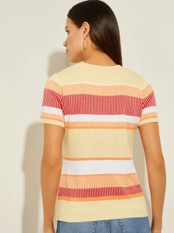 Short Sleeve Intarsia Striped Soft Knit Top|Misook Best