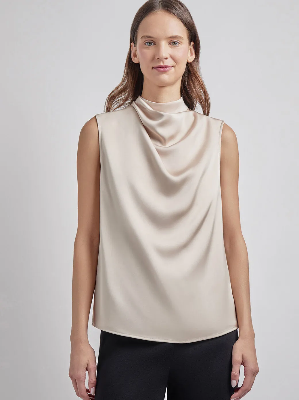 Sleeveless High Neck Draped Crepe de Chine Blouse|Misook New