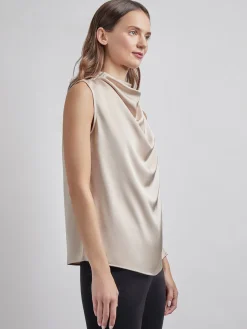 Sleeveless High Neck Draped Crepe de Chine Blouse|Misook New