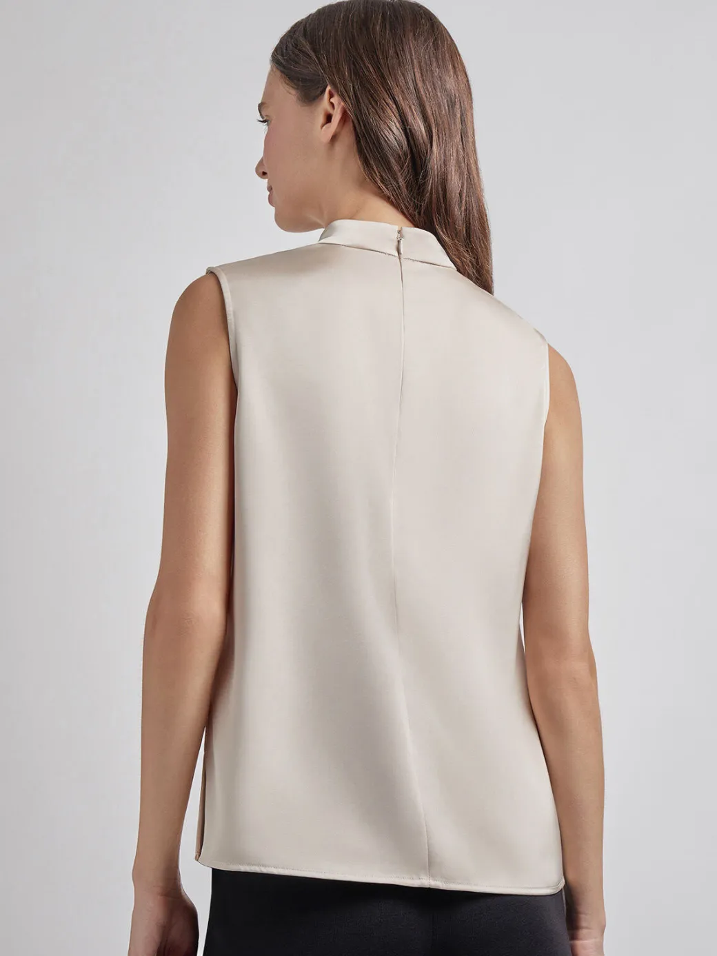 Sleeveless High Neck Draped Crepe de Chine Blouse|Misook New