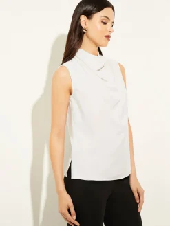 Sleeveless High Neck Draped Crepe de Chine Blouse|Misook Outlet