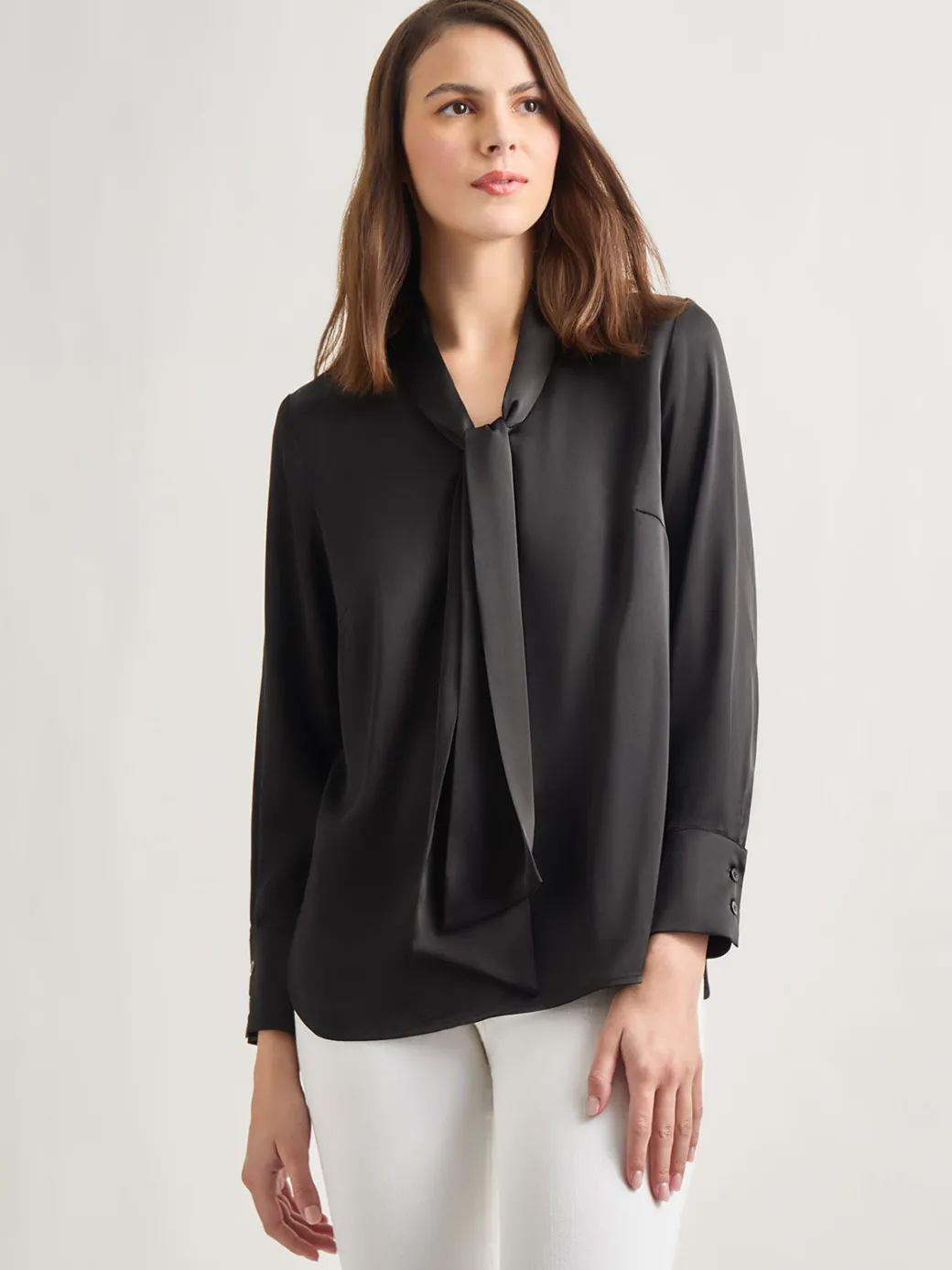 Solid Tie Neck Crepe de Chine Blouse|Misook Fashion