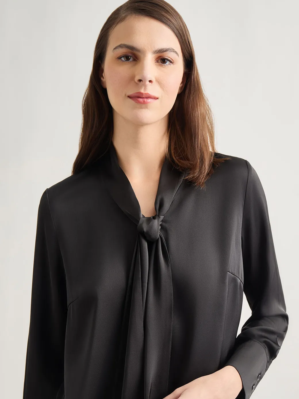 Solid Tie Neck Crepe de Chine Blouse|Misook Fashion