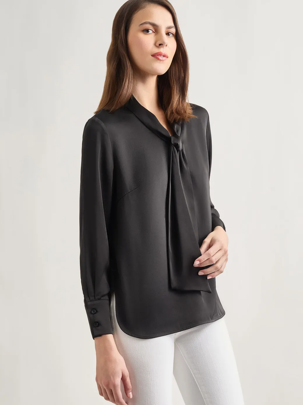 Solid Tie Neck Crepe de Chine Blouse|Misook Fashion