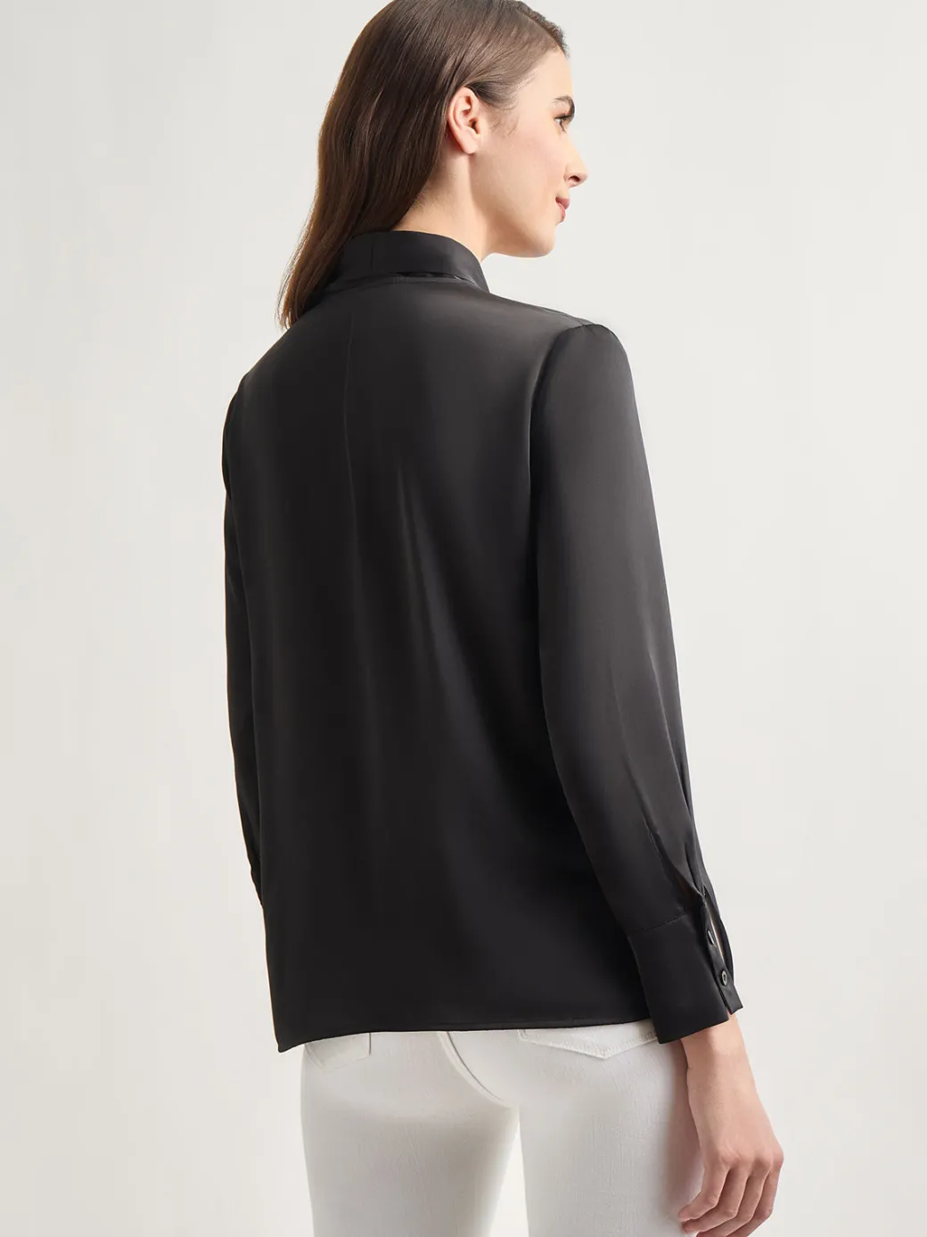 Solid Tie Neck Crepe de Chine Blouse|Misook Fashion