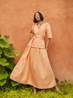 Square Neck Button Front Blouse - Belted Faux Cupro Silk|Misook Hot