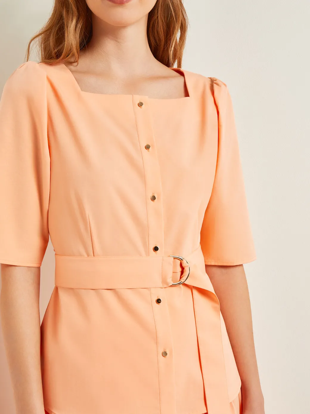 Square Neck Button Front Blouse - Belted Faux Cupro Silk|Misook Hot