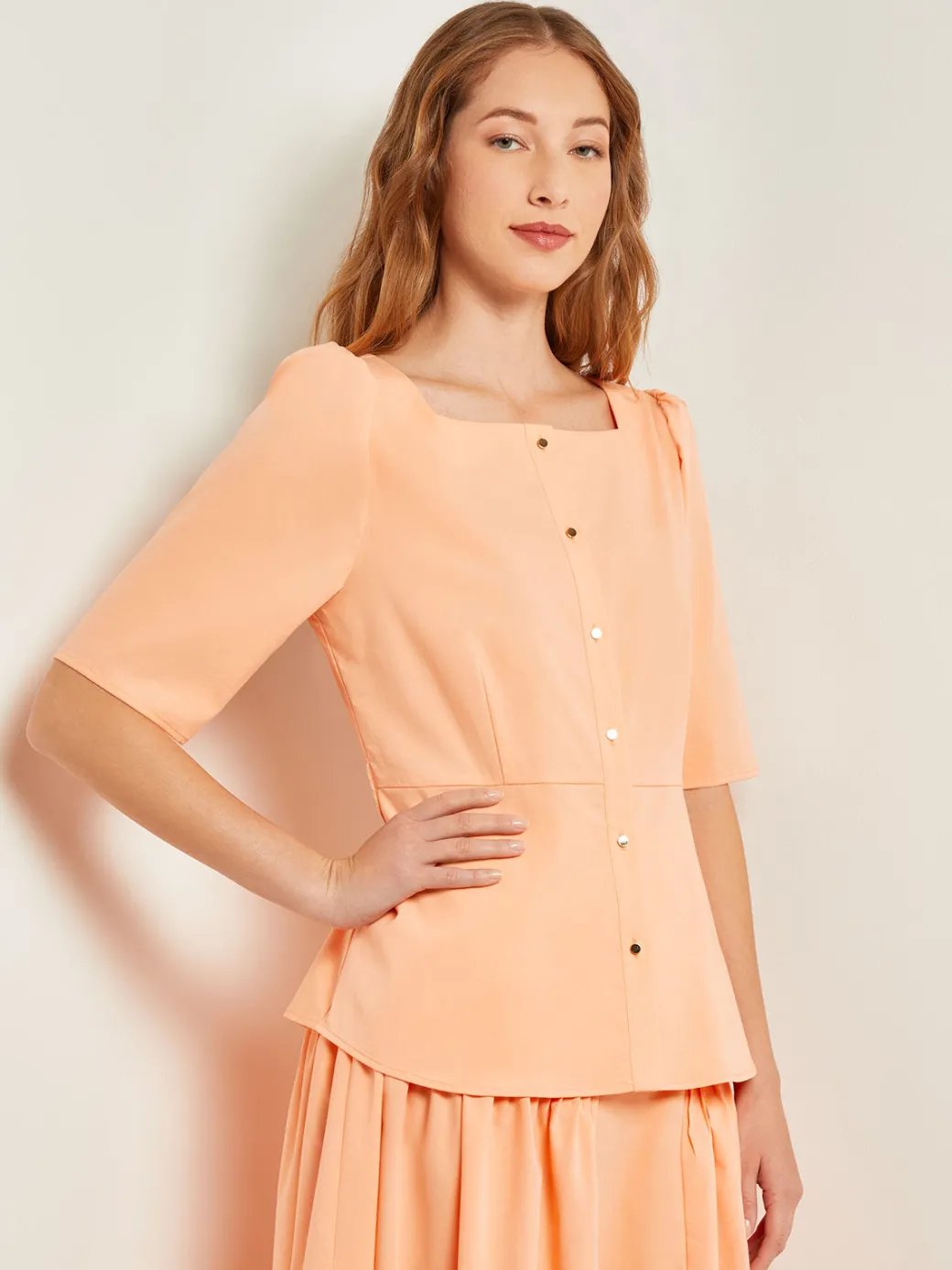 Square Neck Button Front Blouse - Belted Faux Cupro Silk|Misook Hot