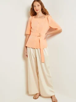 Square Neck Button Front Blouse - Belted Faux Cupro Silk|Misook Hot