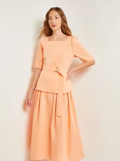 Square Neck Button Front Blouse - Belted Faux Cupro Silk|Misook Hot