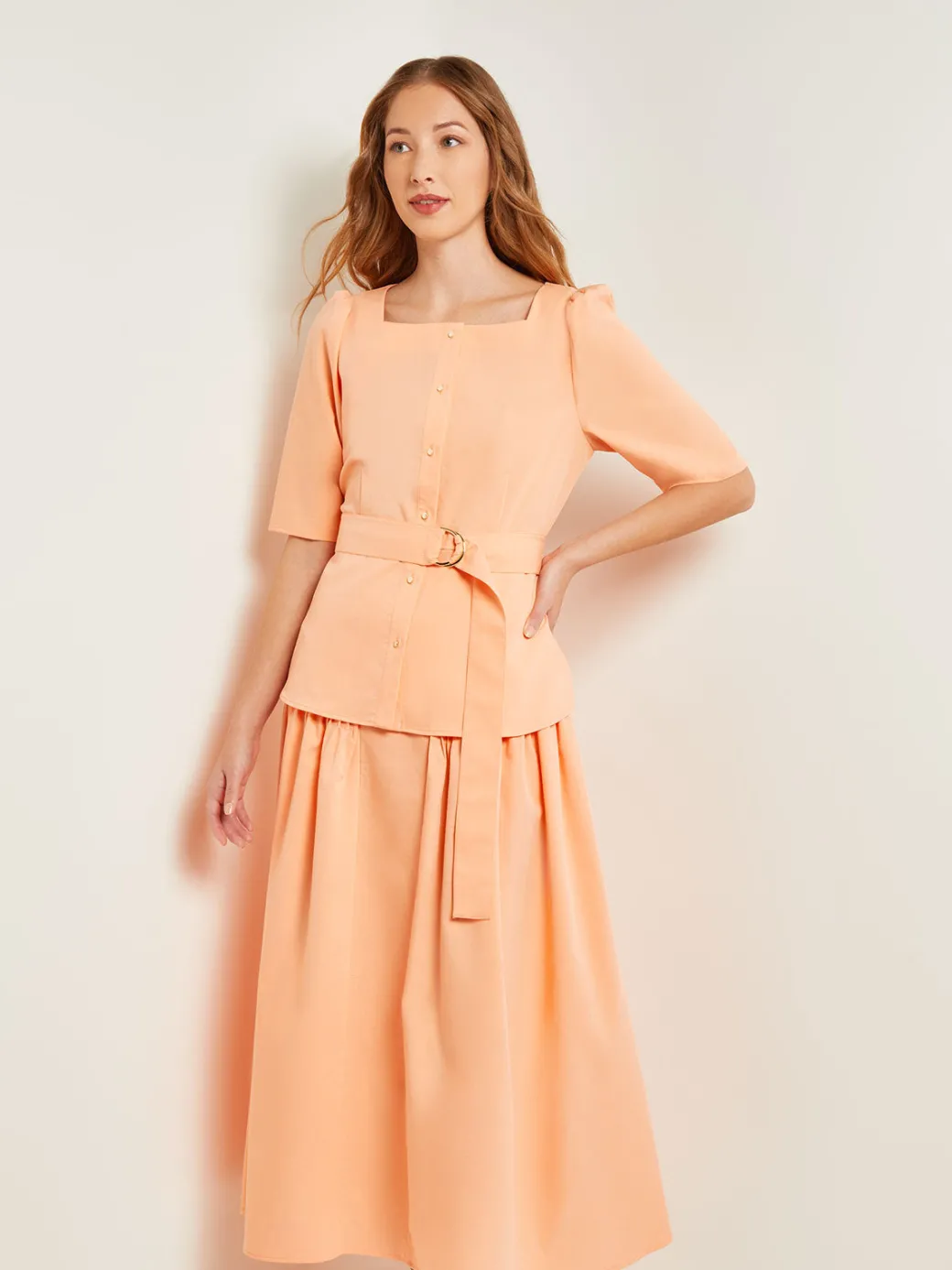 Square Neck Button Front Blouse - Belted Faux Cupro Silk|Misook Hot