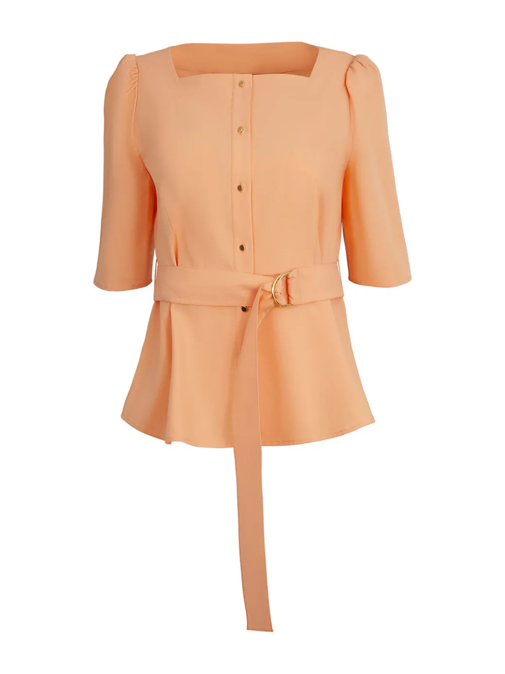 Square Neck Button Front Blouse - Belted Faux Cupro Silk|Misook Hot
