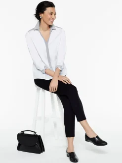 Stripe Trim Stretch Cotton Button-Up Shirt|Misook Best