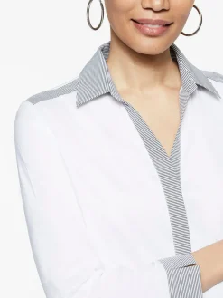Stripe Trim Stretch Cotton Button-Up Shirt|Misook Best