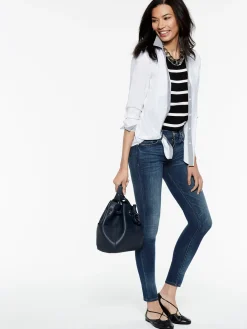 Stripe Trim Stretch Cotton Button-Up Shirt|Misook Best