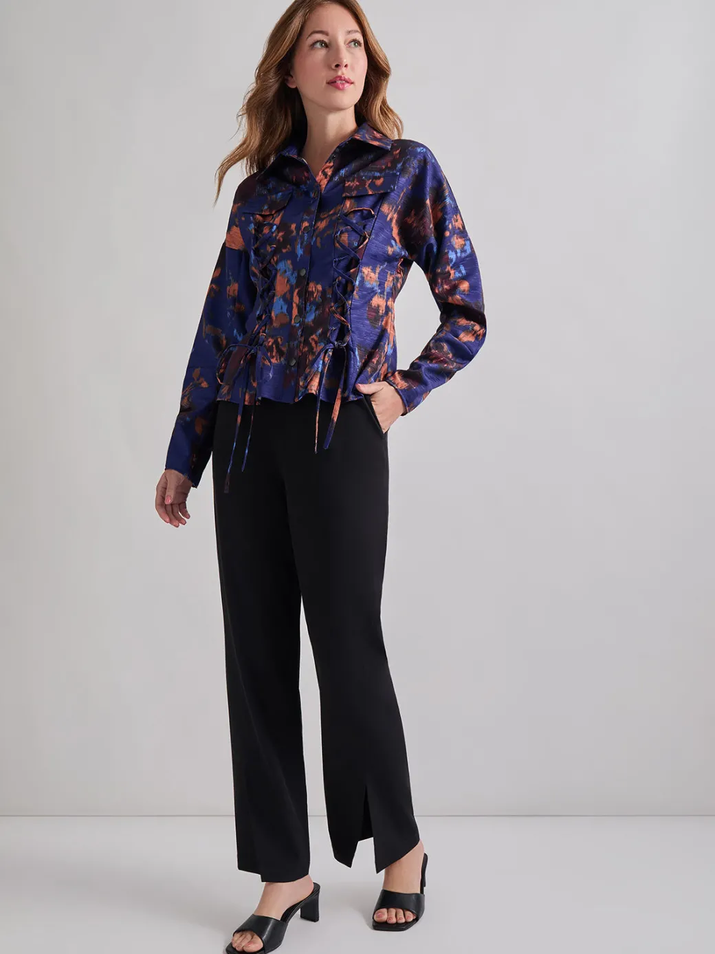 Structured Corset Laced Printed Woven Jacket|Misook Best