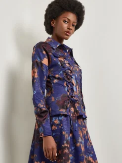 Structured Corset Laced Printed Woven Jacket|Misook Best