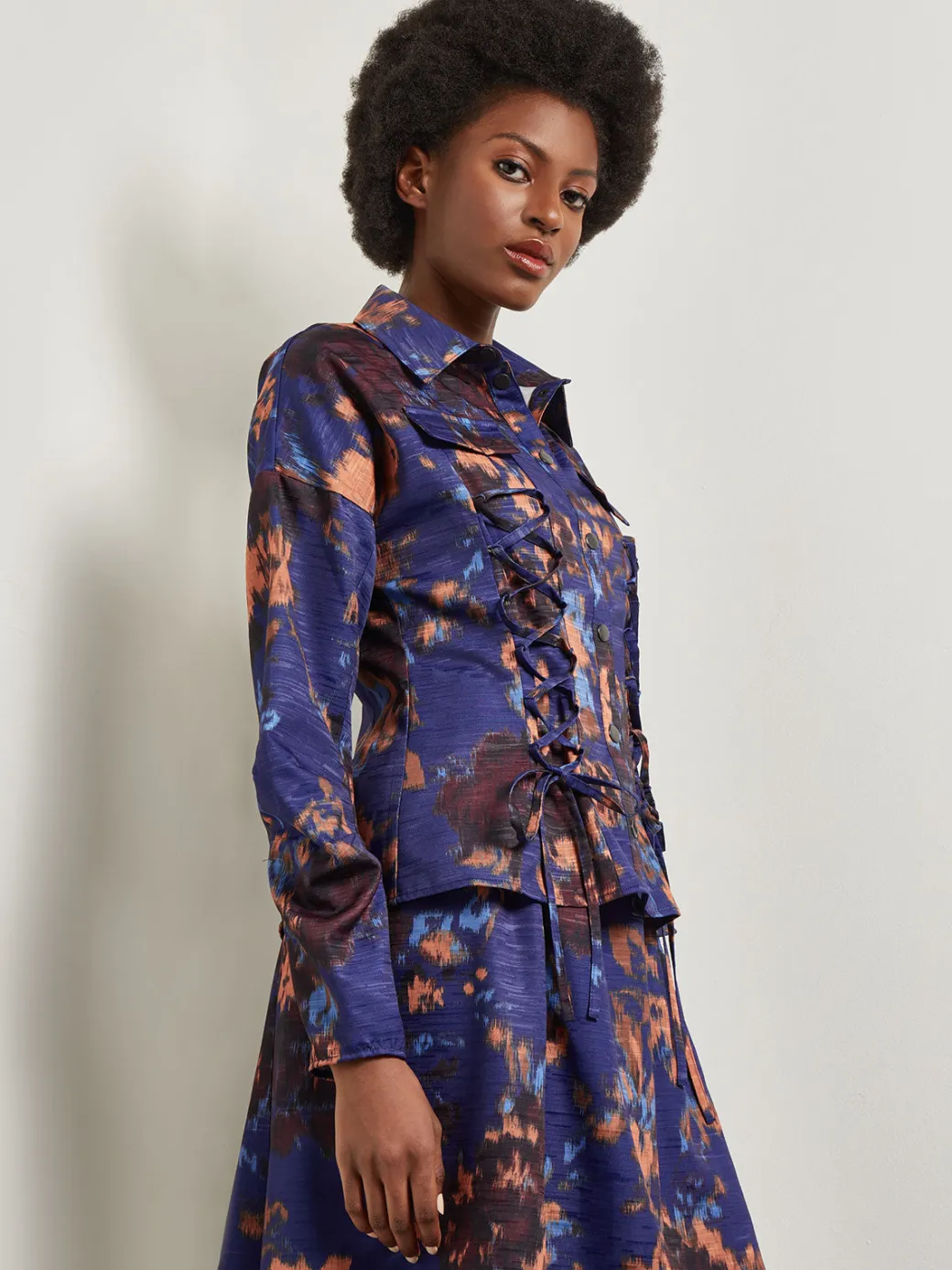 Structured Corset Laced Printed Woven Jacket|Misook Best