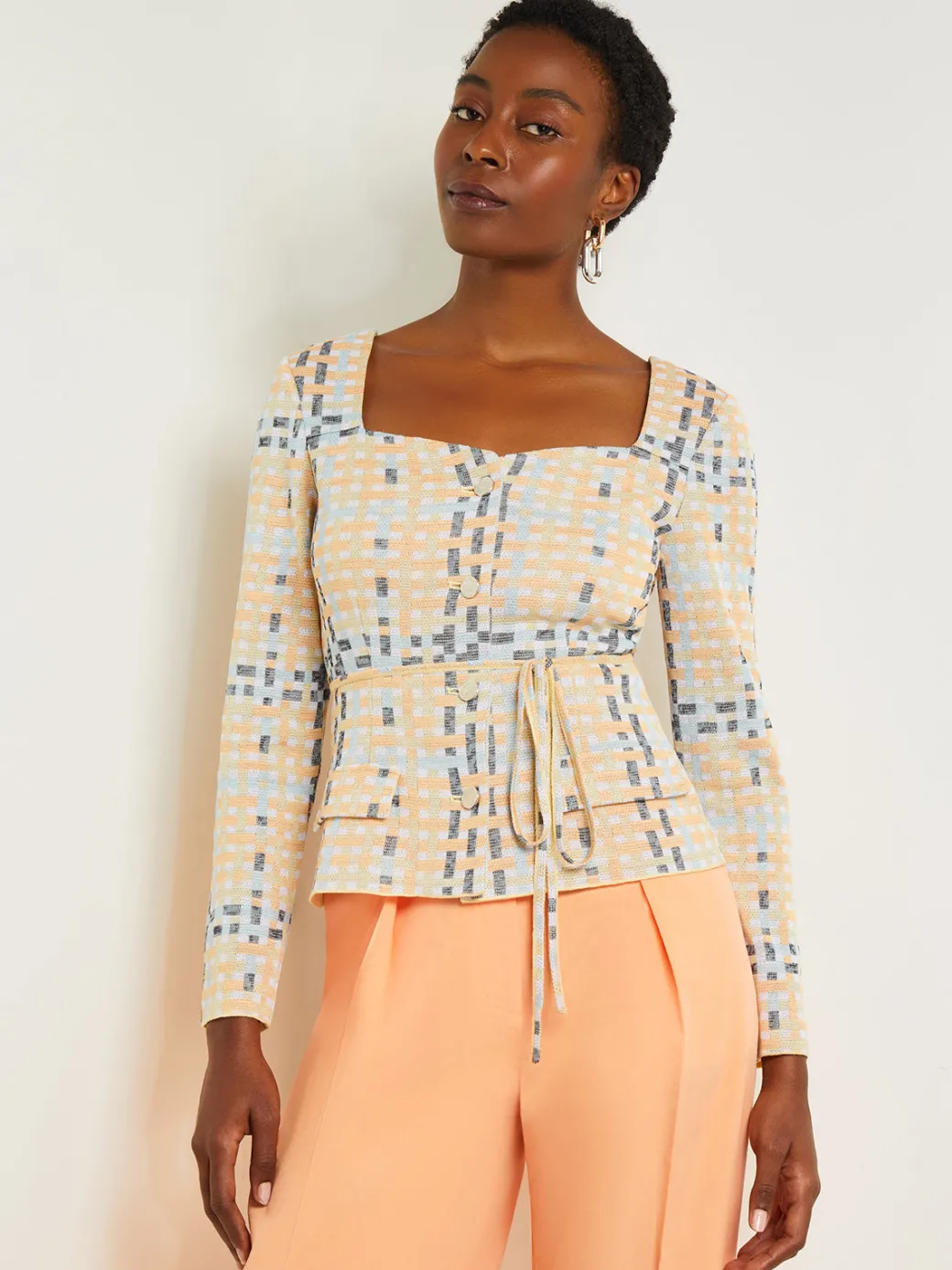 Sweetheart Neck Modern Fit Jacket - Plaid Jacquard Knit|Misook Hot