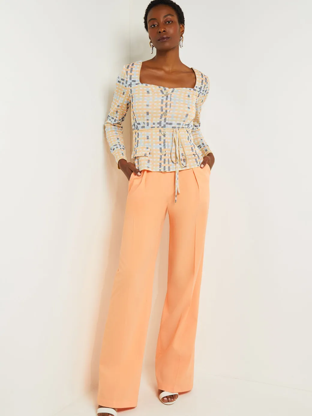 Sweetheart Neck Modern Fit Jacket - Plaid Jacquard Knit|Misook Hot