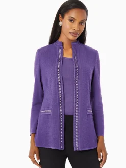 Tailored Fit Crocheted Chain Trim Textured Knit Jacket|Misook Clearance