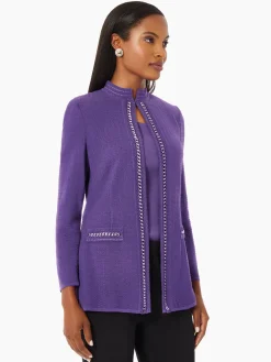 Tailored Fit Crocheted Chain Trim Textured Knit Jacket|Misook Clearance