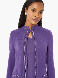 Tailored Fit Crocheted Chain Trim Textured Knit Jacket|Misook Clearance