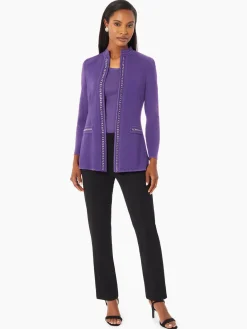 Tailored Fit Crocheted Chain Trim Textured Knit Jacket|Misook Clearance