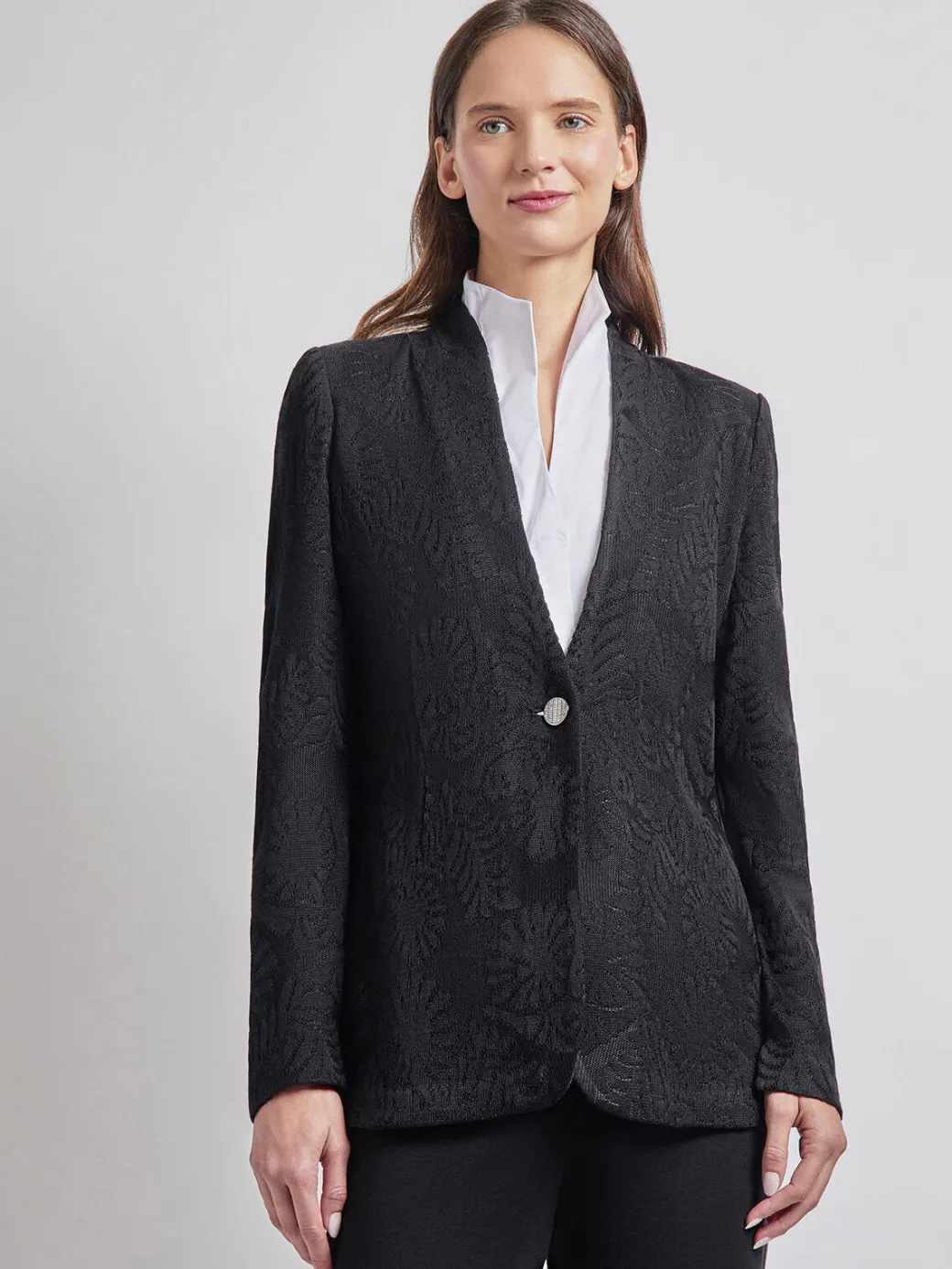Tailored Fit One-Button Jacquard Knit Jacket|Misook Outlet