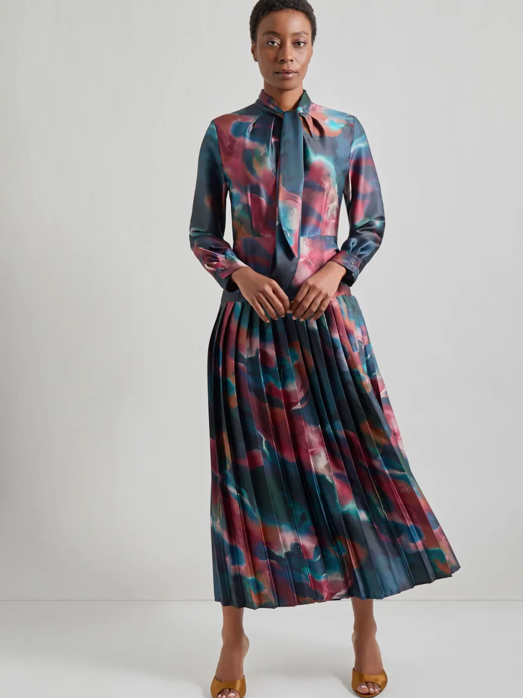 Tie Neck Pleated A-Line Maxi Dress|Misook Clearance