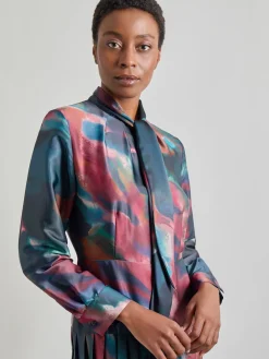 Tie Neck Pleated A-Line Maxi Dress|Misook Clearance