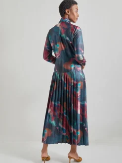 Tie Neck Pleated A-Line Maxi Dress|Misook Clearance