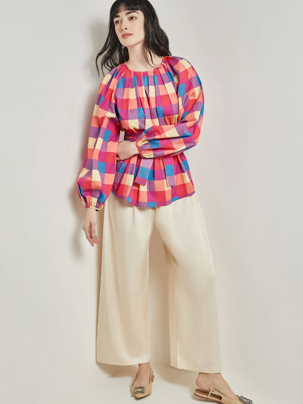 Tie Waist Blouse - Plaid Cotton Blend|Misook Hot