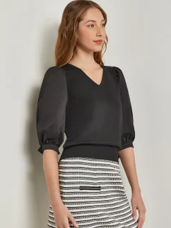 Tie-Detail Puff Sleeve Blouse - Mixed Media|Misook Fashion