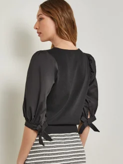 Tie-Detail Puff Sleeve Blouse - Mixed Media|Misook Fashion