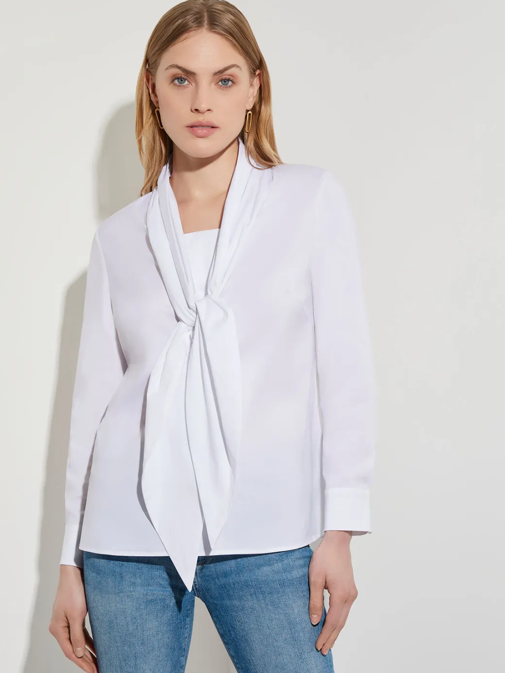 Tie-Neck Cotton Poplin Blouse|Misook Online
