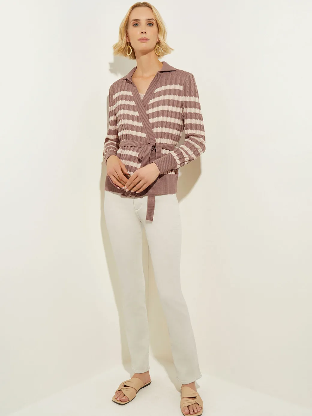 Tie-Waist Striped Soft Knit Tunic|Misook Best